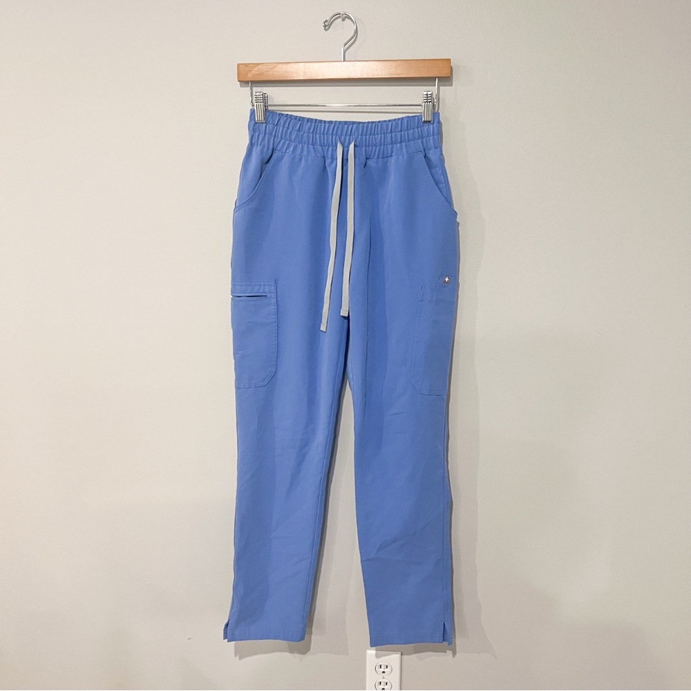 Figs Skinny Scrub Pants in Ceil Blue with Cinched Waist Band and Drawstring